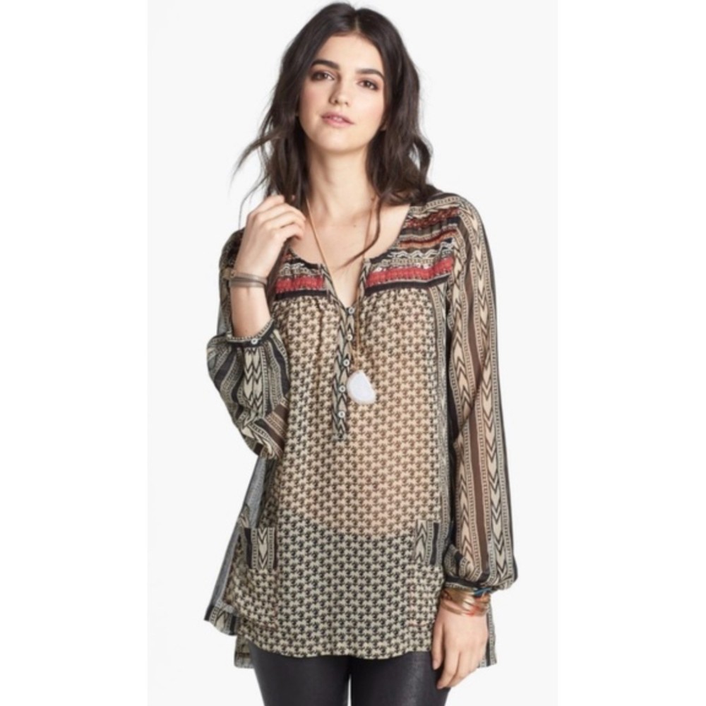 FREE PEOPLE Bohemian Sheer Beaded Long Sleeve Blouse